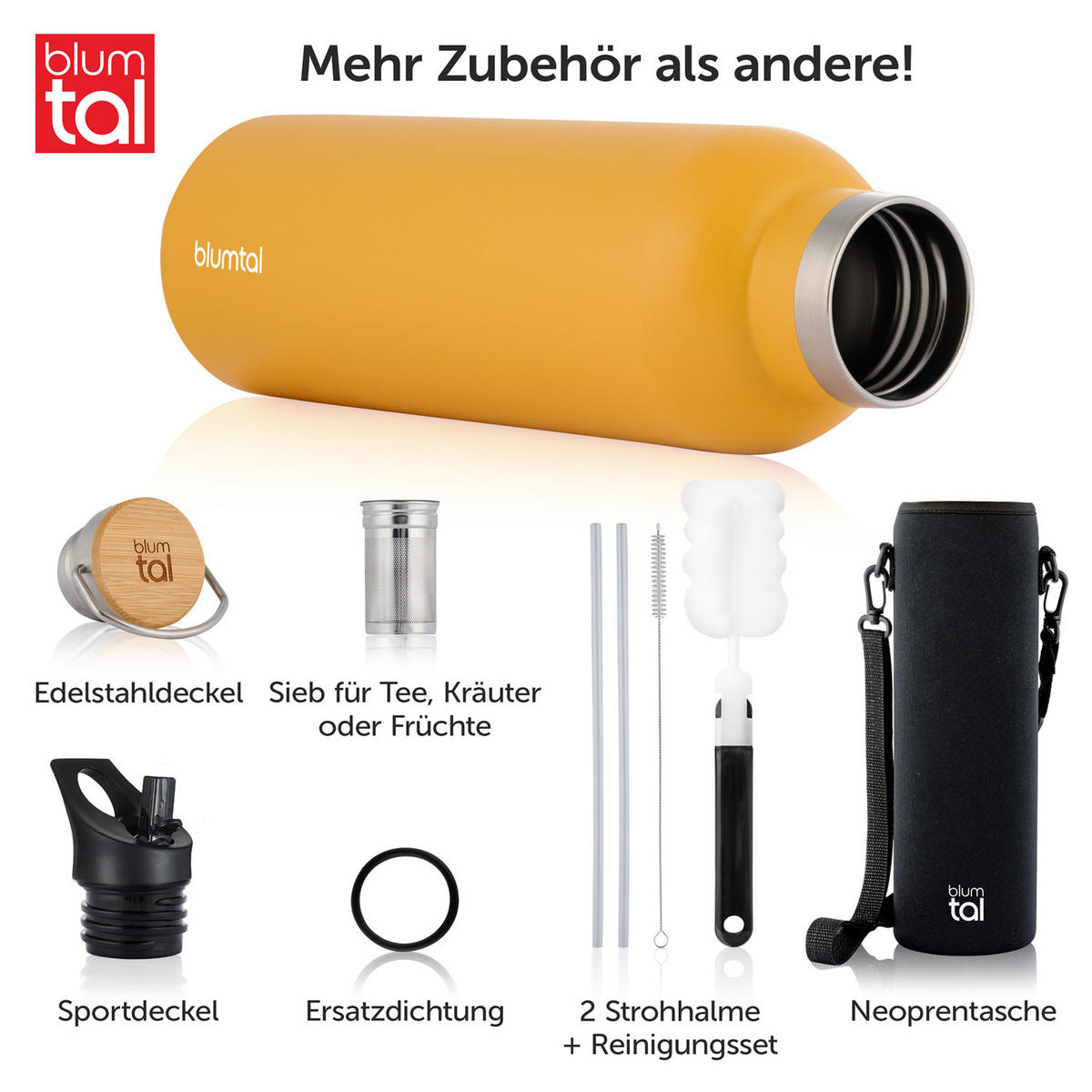 TRINKFLASCHE Leni 1000 ml, inkl. Teesieb und Sportdeckel - Gelb, Metall (1L) - Blumtal