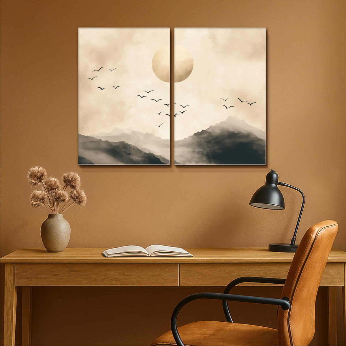 LEINWANDBILD 2er Set Landschaft - Japandi - Beige - Vögel 80x60 cm - Beige, Textil (80/60cm) - MuchoWow