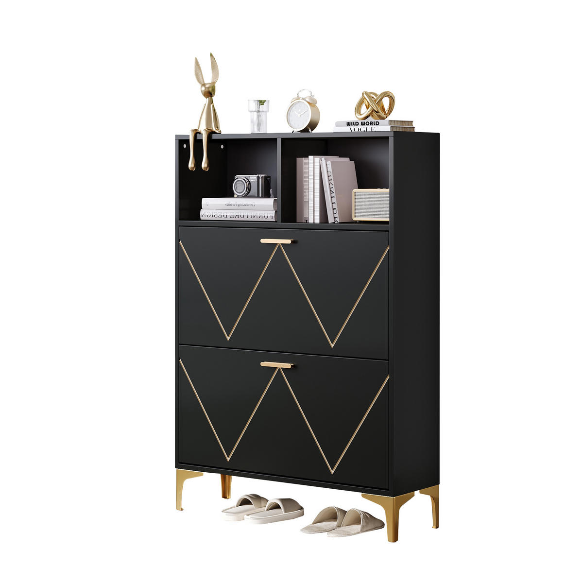 SCHUHSCHRANK 4 Klappen 8 Fächer MDF Metall Sideboard modern - Schwarz, Holzwerkstoff (25/117/160cm) - FLIEKS