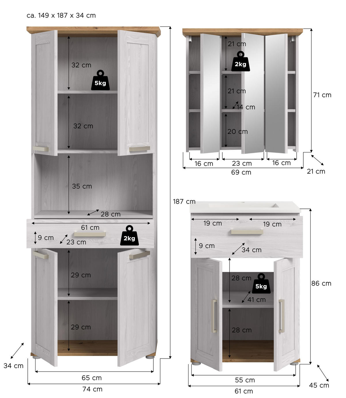 BADEZIMMER Siena 4-tlg. (B/H/T: ca. 149/187/45 cm) in Sibiu Lärche /Sibiu Lärche - Lärchefarben, Holzwerkstoff (149/187/45cm)