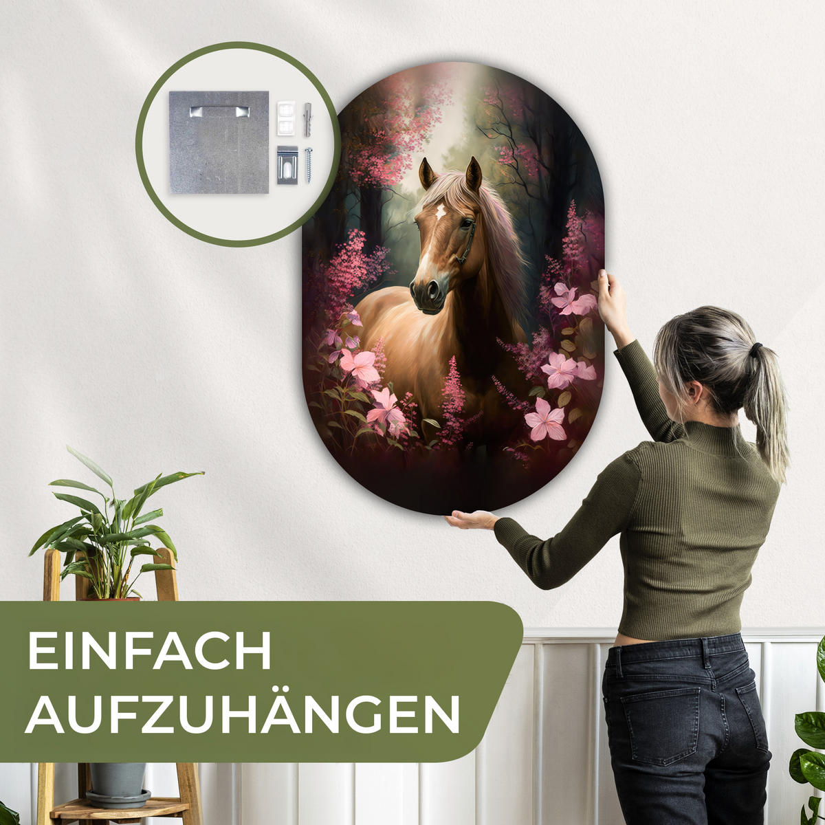 WANDBILD Pferd - Blumen - Rosa - Natur - Wald 80x120 cm - Altrosa, Kunststoff (80/120cm) - MuchoWow