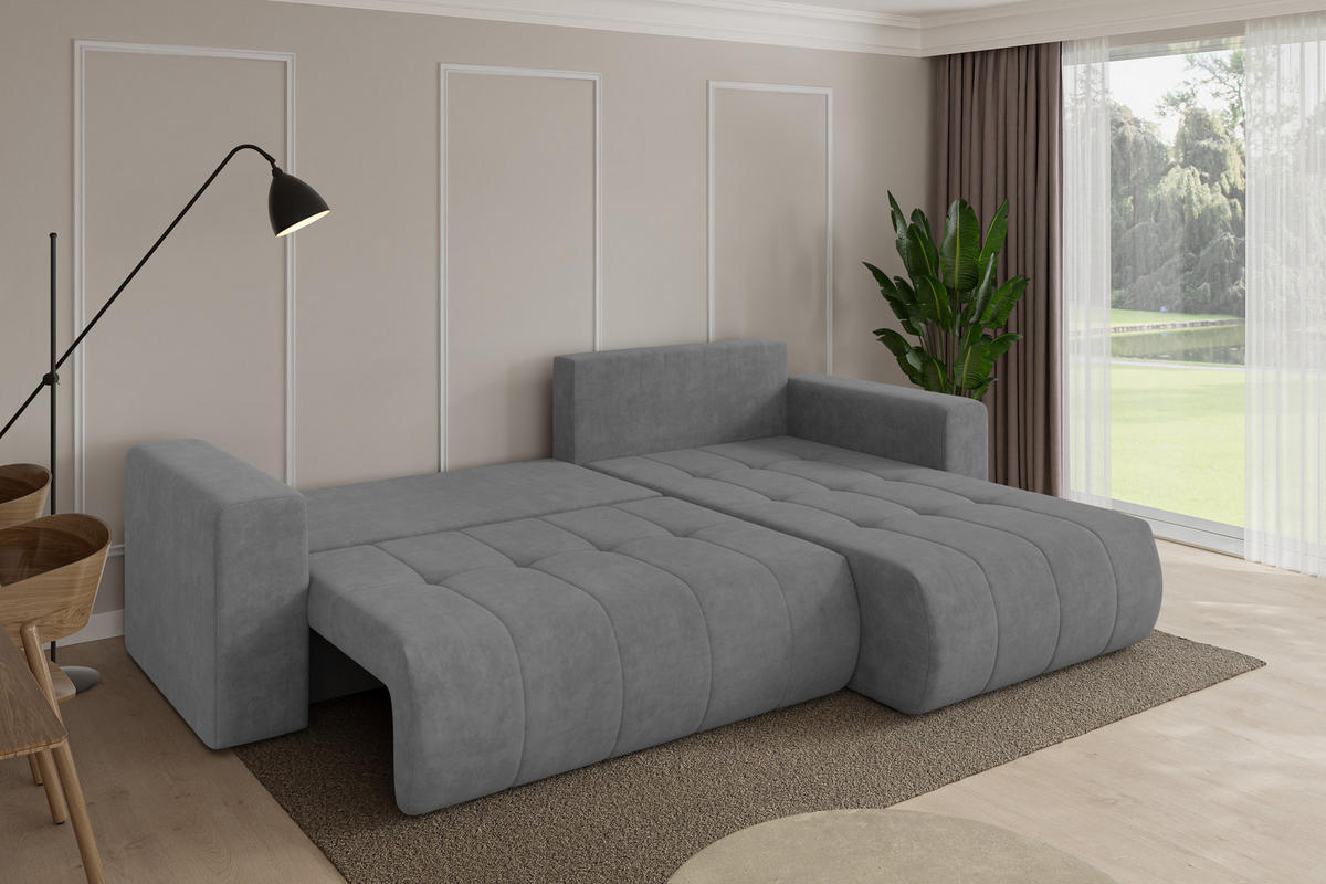 ROHOVÁ SEDAČKA s funkcí spaní, otoman vpravo MILA-L 277x194x86 šedá velur - černá/šedohnědá, kompozitní dřevo/textil (277/194cm) - ALTDECOR