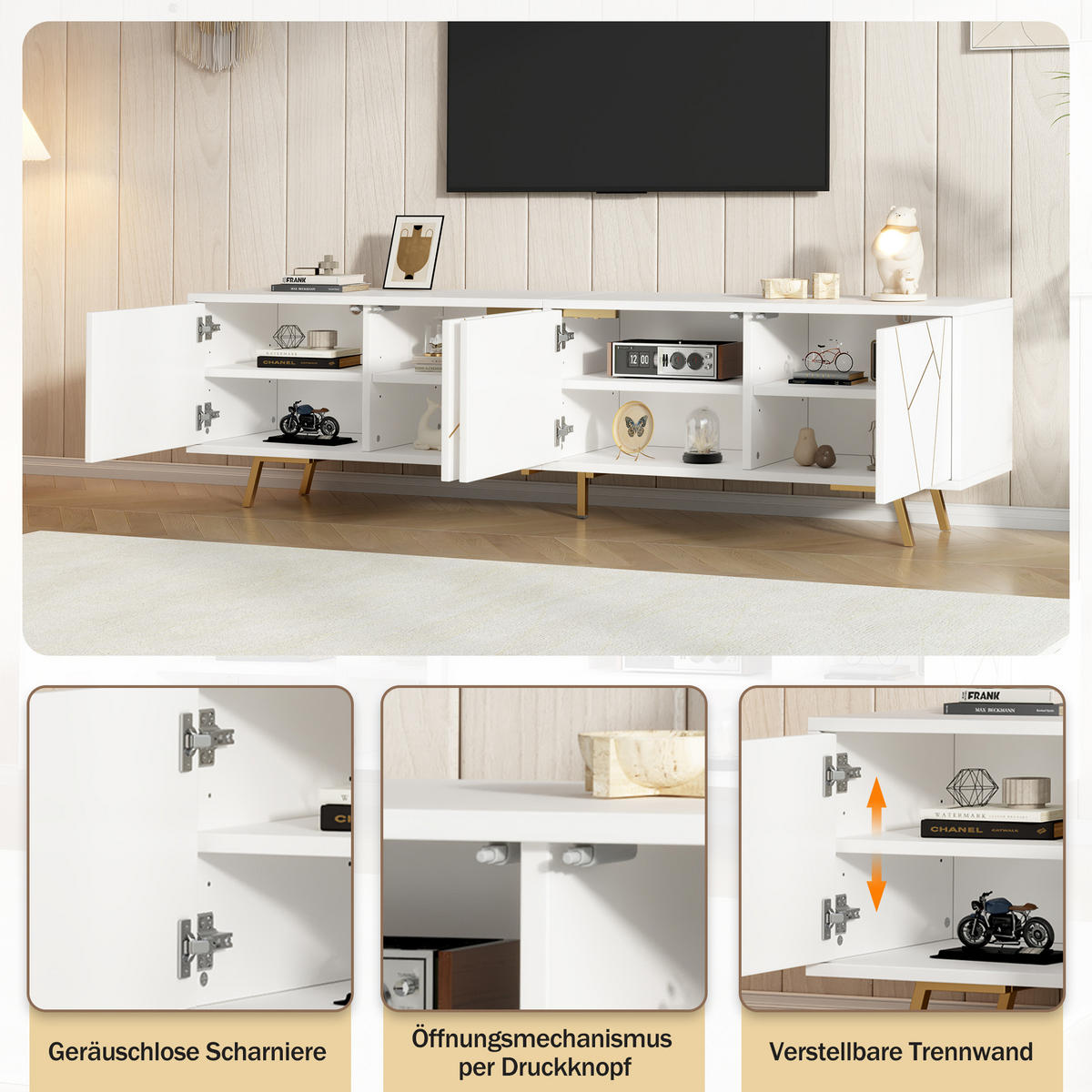 TV STOLEK bílý se 4 dvířky a 5 kovovými nohami, do obývacího pokoje, pro TV do 85", 190 × 40 × 51,5 cm - bílá/zlatá, kov/kompozitní dřevo (190/51.5/40cm) - STILVORA