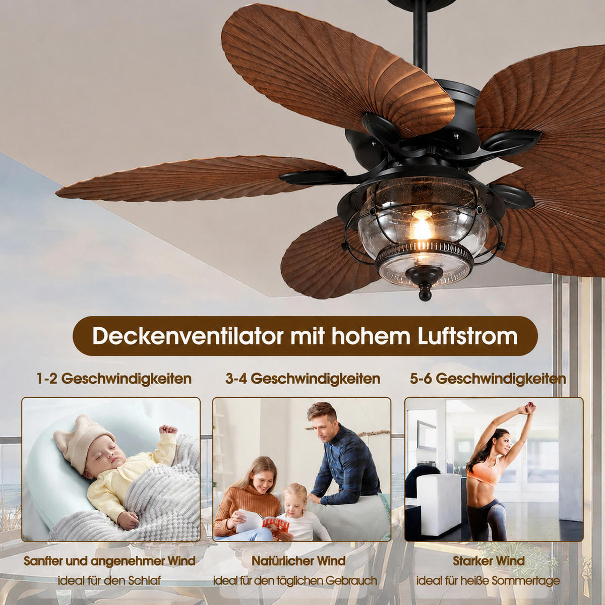 DECKENVENTILATOR Braun 132 cm mit Flügeln in Palmblatt-Optik und LED - Braun, Metall (132/132/57cm) - Surtime