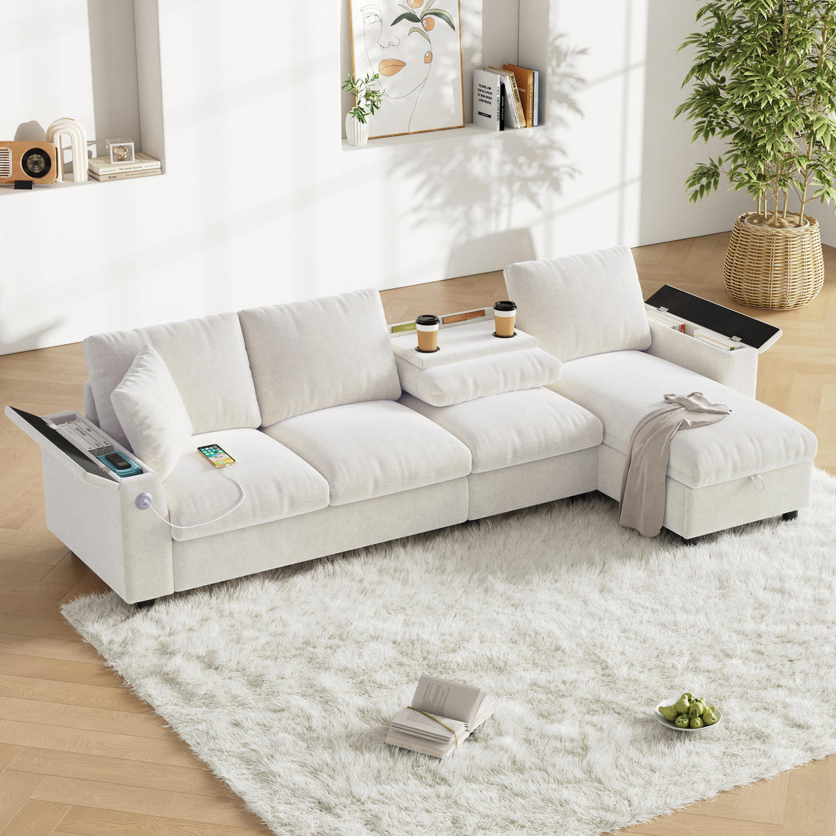 ECKSOFA 280/137/84 cm Beige aus Chenille mit Schlaffunktion und Stauraum - Beige, Textil (137/280cm) - OKWISH