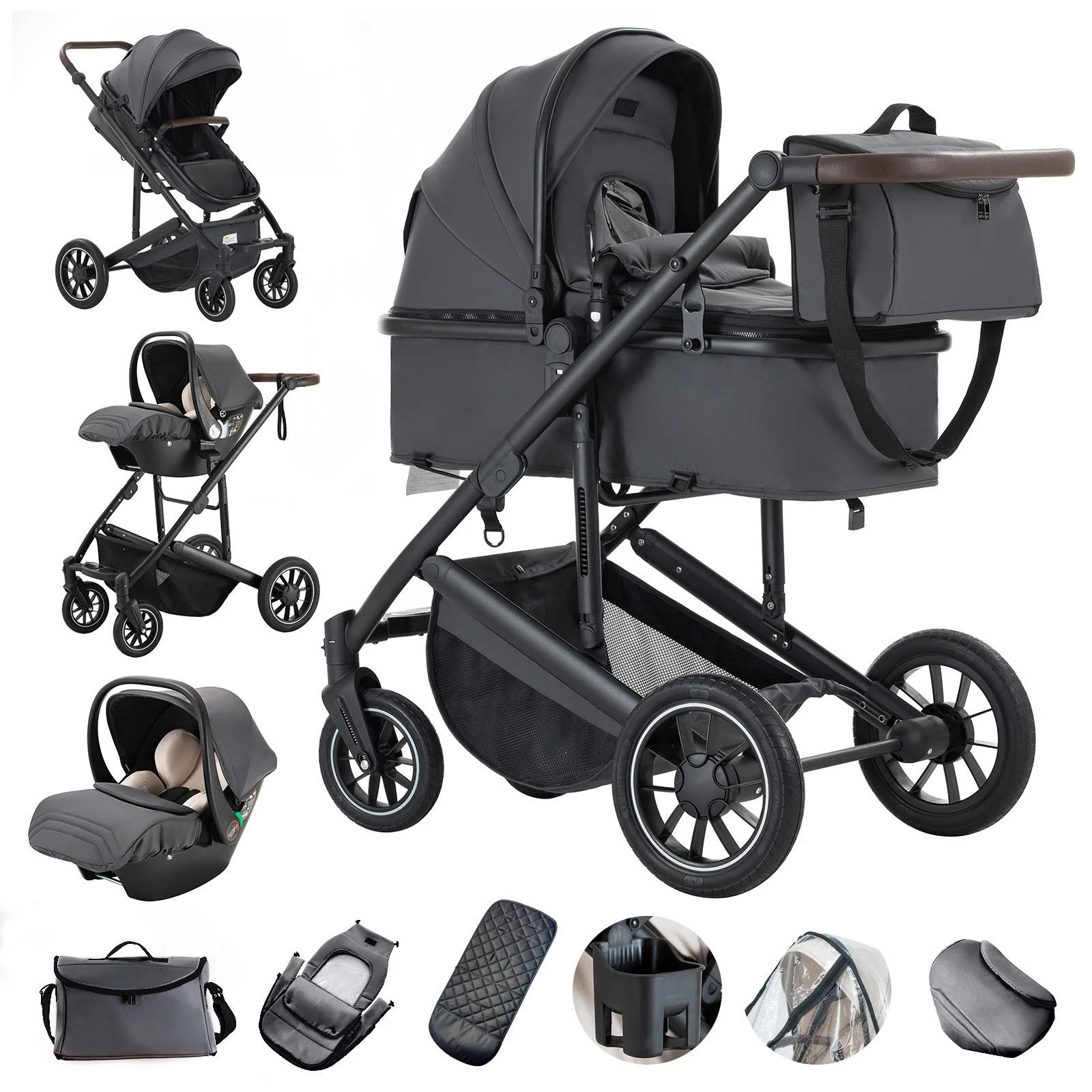 KINDERWAGENSET 3-in-1, tragbar, Aluminiumrahmen, 516-Dunkelgrau - Dunkelgrau, Metall (80/60cm) - Kaket
