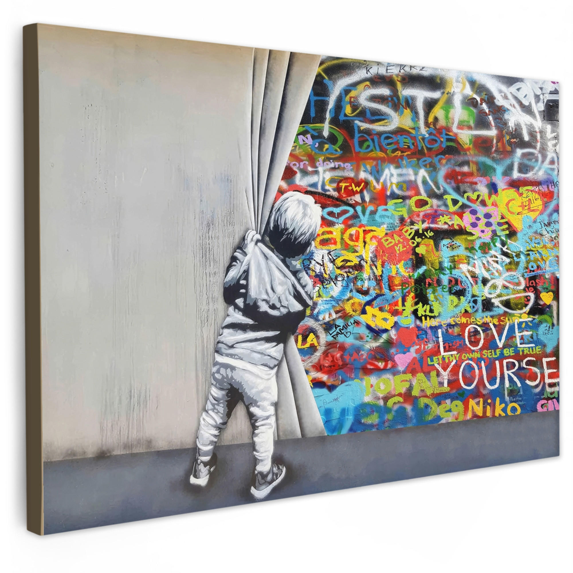 LEINWANDBILD Graffiti - Junge - Ilussie - Straßenkunst XXL 150x100 cm - Hellgrau, Textil (150/100cm) - MuchoWow