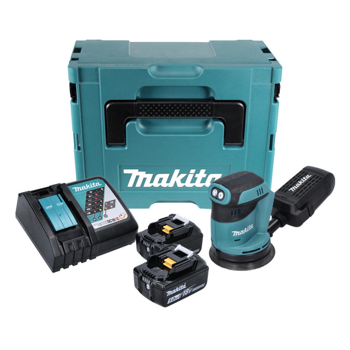 MAKITA DBO 180 RTJ Akku Exzenterschleifer 18 V 125 mm + 2x Akku 5,0 Ah + Ladegerät + Makpac - Multicolor, Kunststoff (175/295/123cm) - Makita