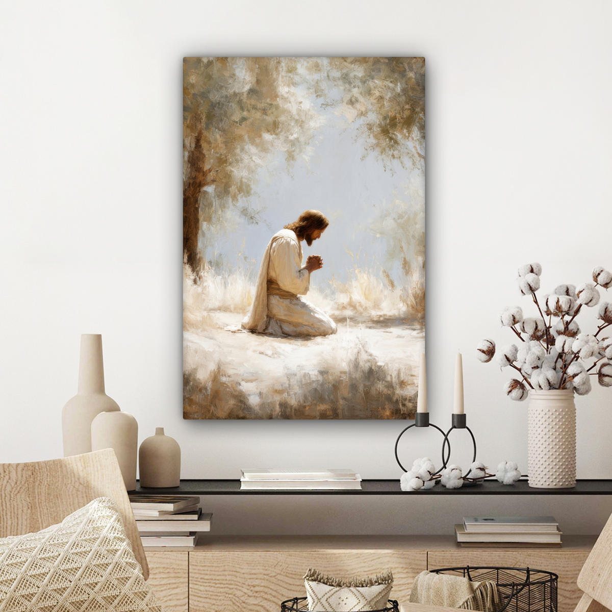 LEINWANDBILD Jesus - Kniend - Waldlandschaft - Betend Wanddeko 40x60 cm - Beige/Hellblau, Textil (40/60cm) - MuchoWow