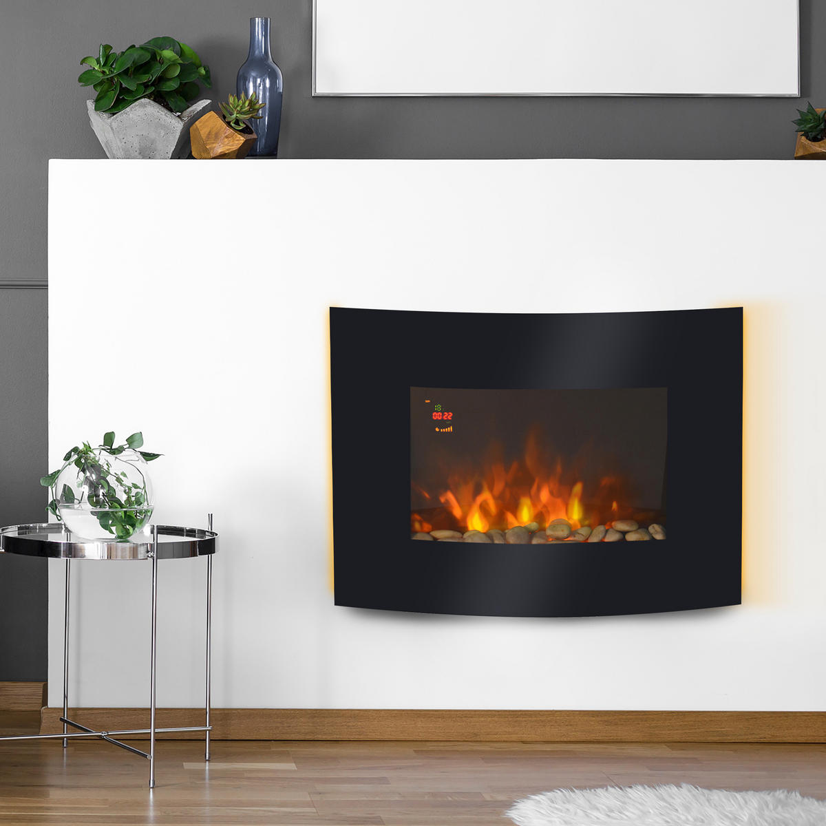 ELEKTROKAMIN Kaminofen Kamin Wandkamin mit Fernbedienung 2 Maße LED Licht - Schwarz, Metall (11.4/52/65cm) - HOMCOM