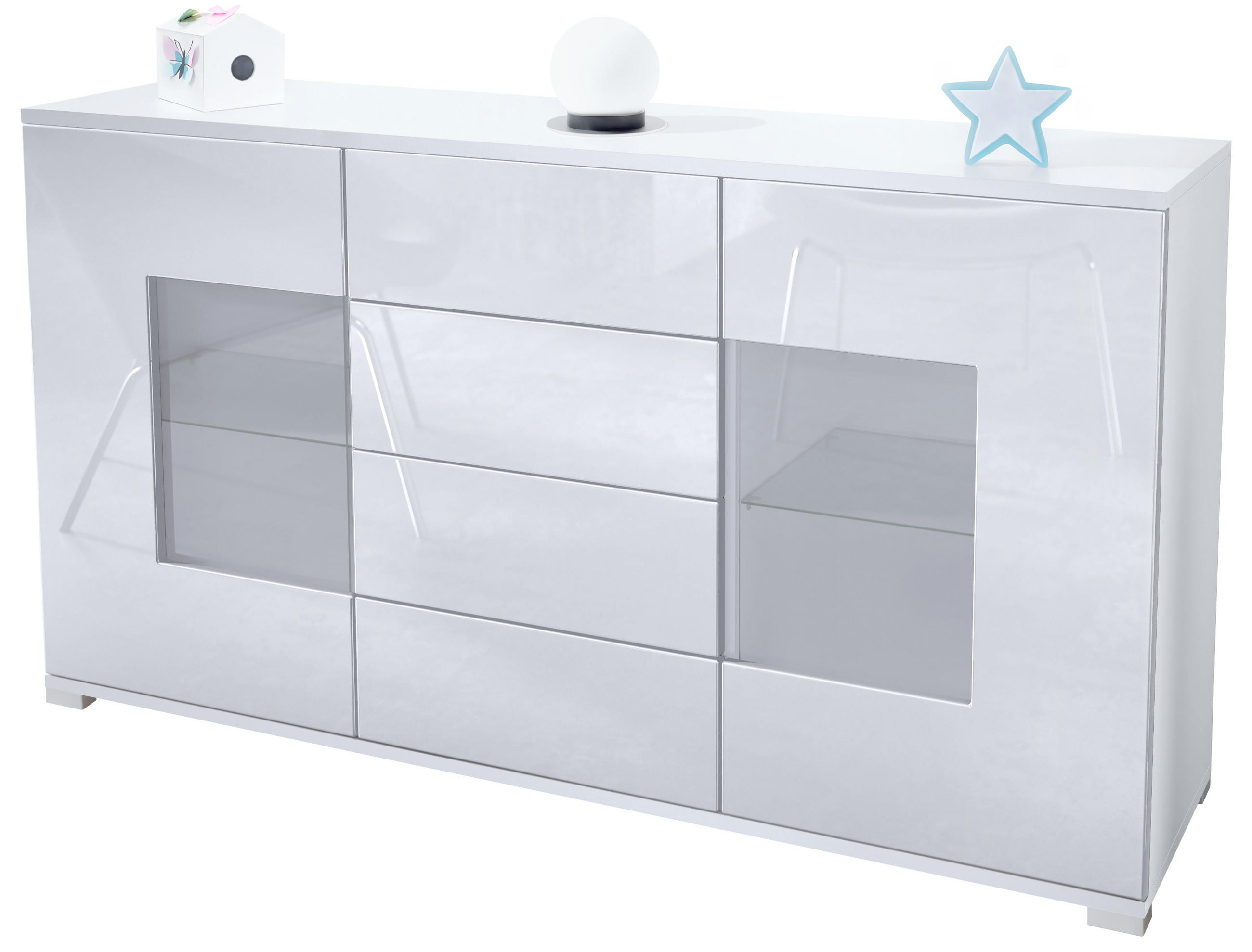 Vladon SIDEBOARD Weiß Hochglanz 139cm × 35cm × 76cm