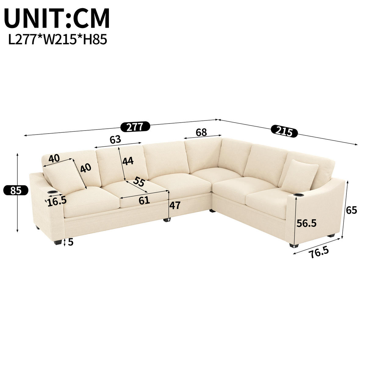ECKSOFA 6-Sitzer Modulsofa mit USB/Type-C, DE-42468, Beige - Beige, Holzwerkstoff (277/215cm) - ComfortXL