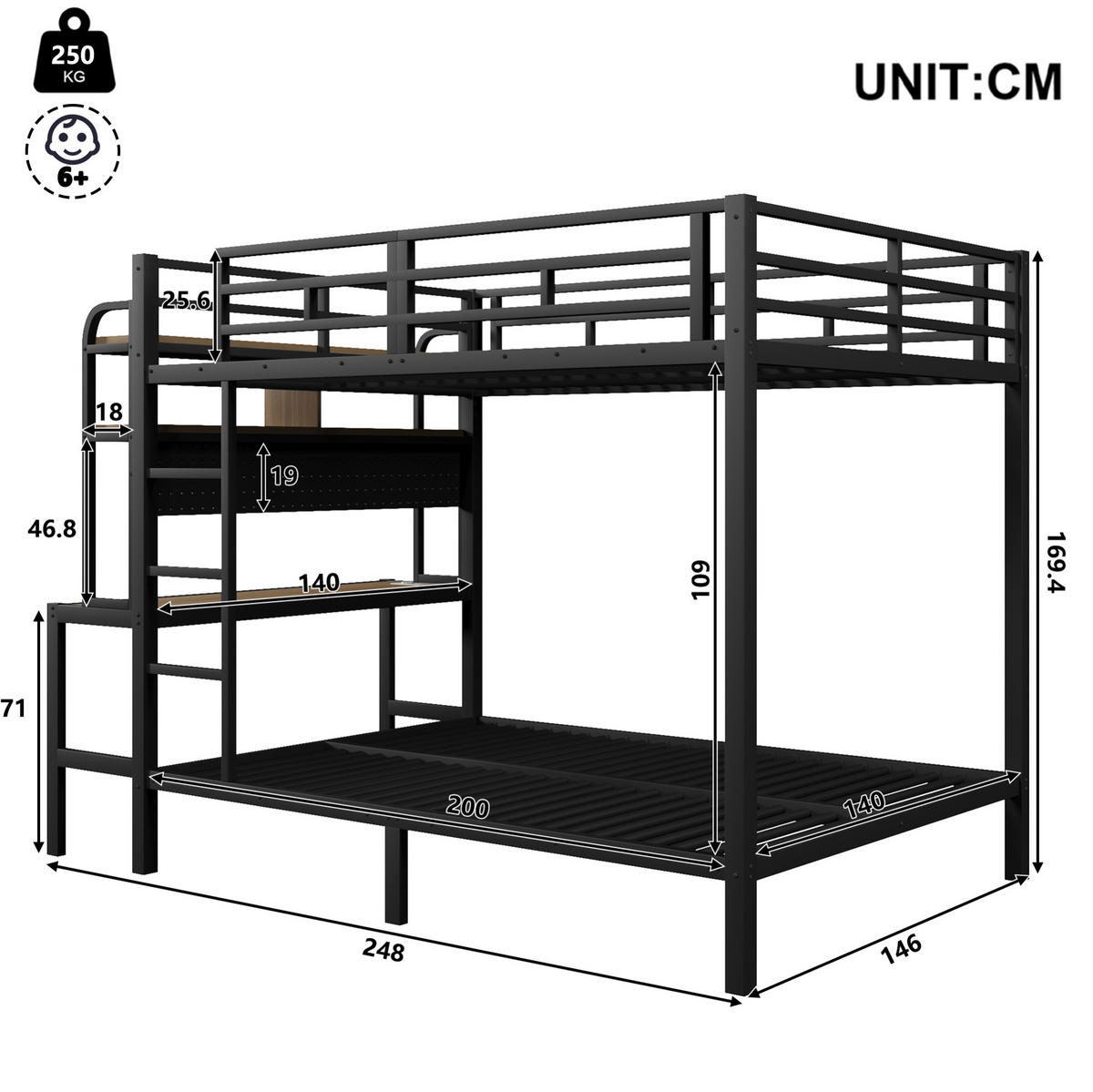 ETAGENBETT aus Metall und MDF 140x200 cm Schwarz mit Schreibtisch, LED-Beleuchtung und USB-Anschluss - Schwarz, Metall (140/200cm) - IVMEU