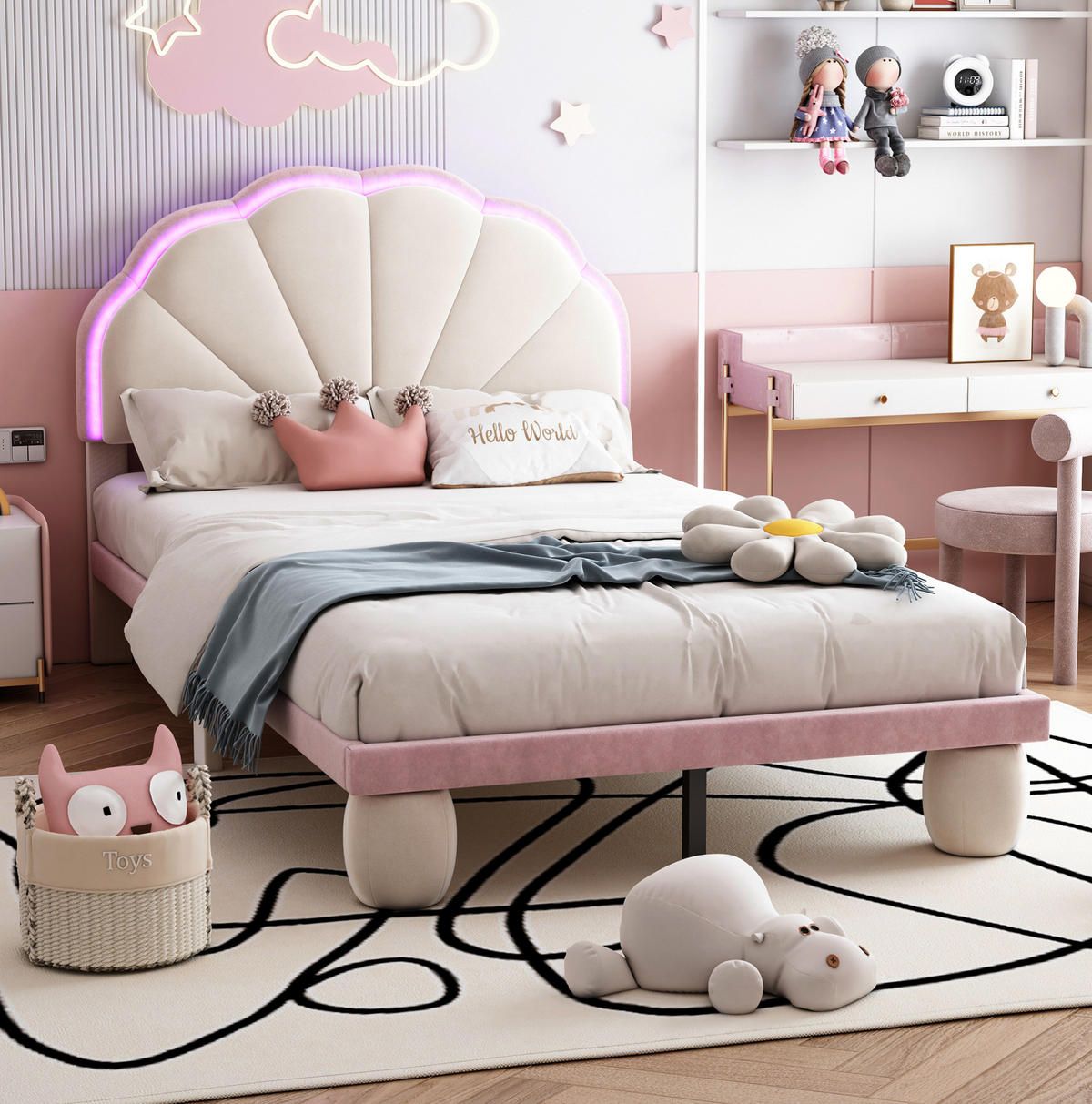 POLSTERBETT 90/200 cm Beige/Rosa aus Samt mit LED-Lichtstreifen - Weiß, Textil (90/200cm) - OKMYHOME