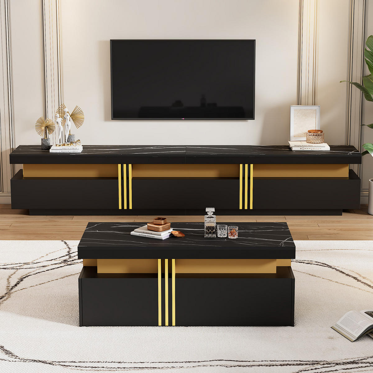COUCHTISCH TV-Schrank Kombination Schwarz Multifunktional Wandkombination - Schwarz, Holz (71.48/49.48/24.99cm) - FLIEKS