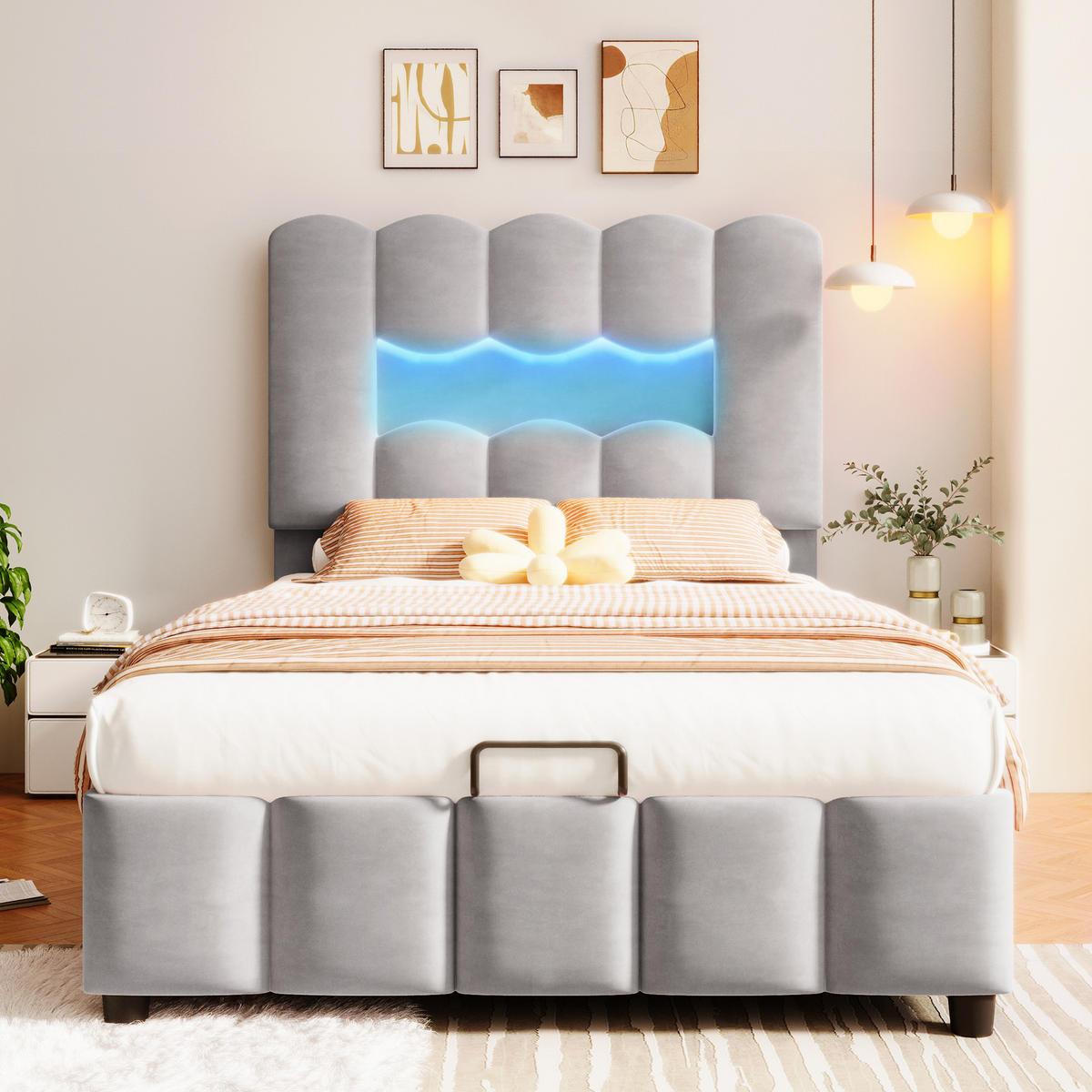 POLSTERBETT 90x200cm Grau Samt LED-Licht Hydraulik Kopfteil - Grau, Holz (90/200cm) - FLIEKS