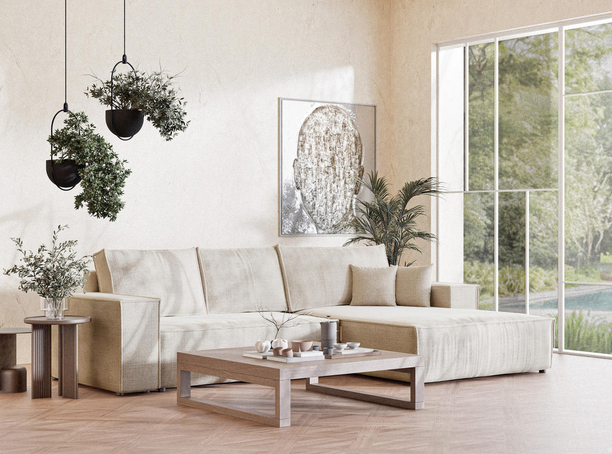 ECKSOFA Maze Creme Chenille-Stoff - Rechts Seite - Creme/Schwarz, Holz/Holzwerkstoff (294/185cm) - Maison de Reve