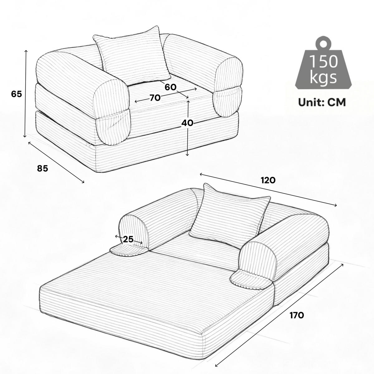 SCHLAFSOFA 2-in-1 Kord Orange mit Kissen - Orange, Kunststoff (85/65/120cm) - Meubliv