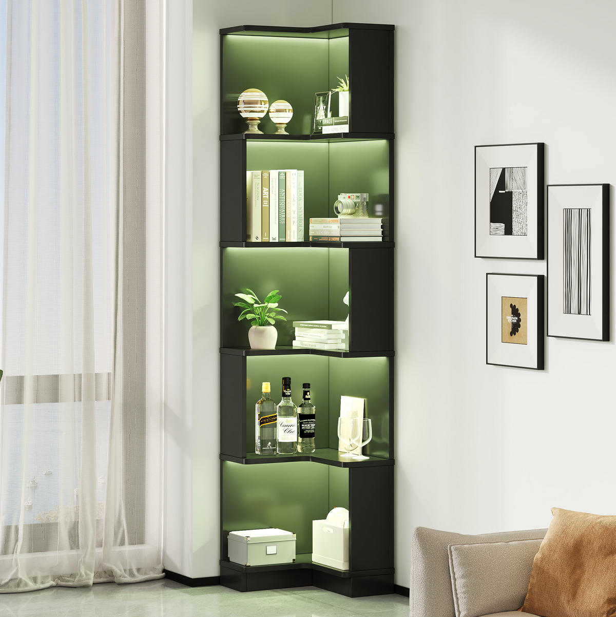 ECKBÜCHERREGAL mit LED-Lichtleiste 63,5 x 45 x 175 cm MDF Schwarz - Schwarz, Holzwerkstoff (45/175/63.5cm) - Beauniv