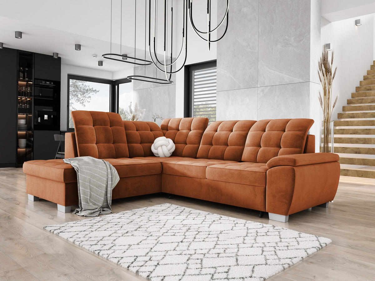ECKSOFA LOTTA SALVADOR Bettkasten verstellbare Kopfstützen hochwertige Verarbeitung lose Rückenkissen freistehend LINKS 212x258x106 cm Dark orange - Dunkelorange, Holz/Textil (212/258cm) - DomoHome