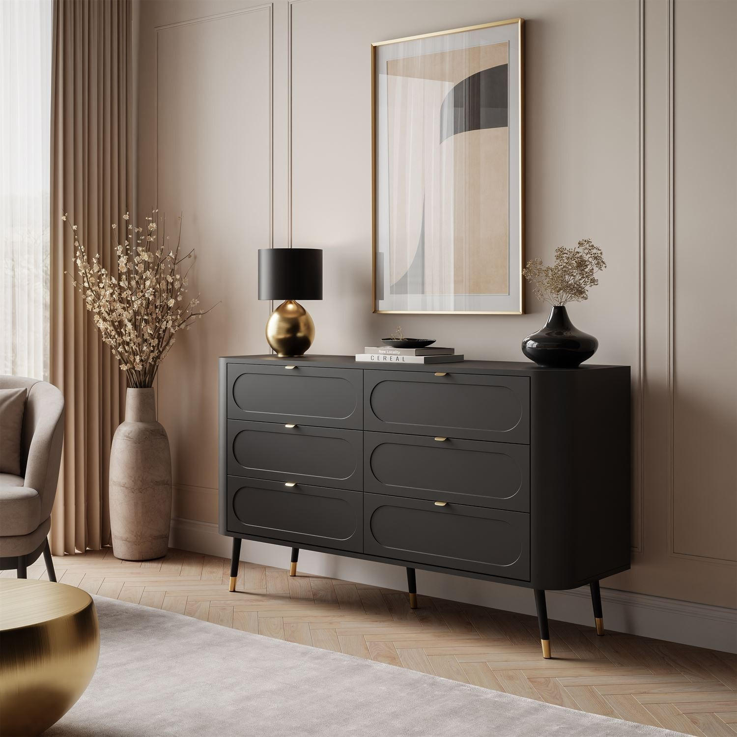 Wohnkommode SHADOW 6S mit Schubladen - Schwarz, Holzwerkstoff (138/80/40cm) - Lookway