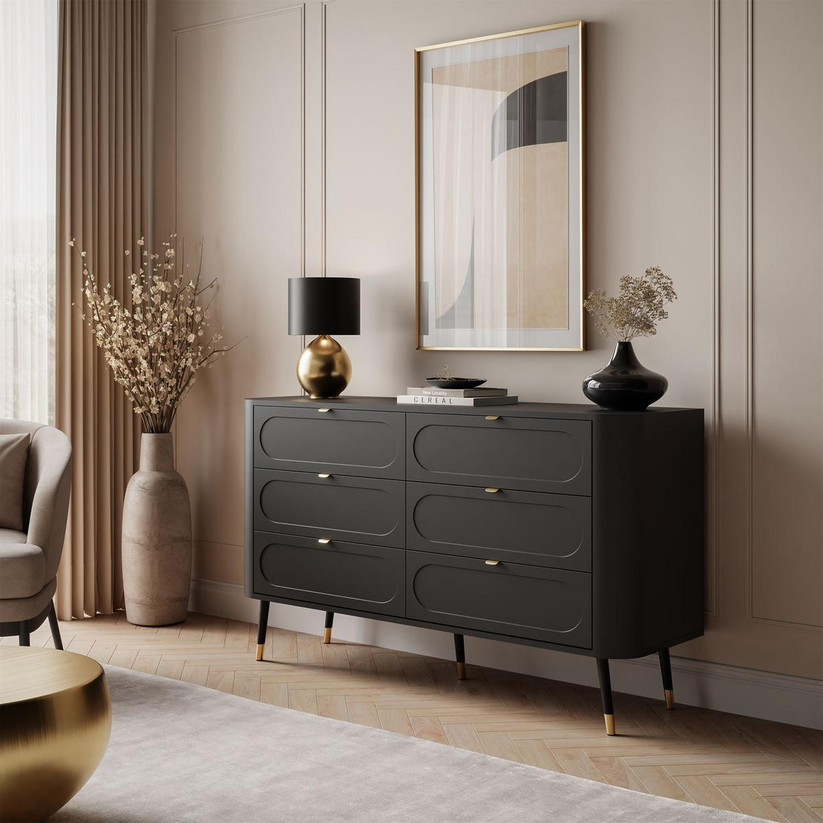 Wohnkommode SHADOW 6S mit Schubladen - Schwarz, Holzwerkstoff (138/80/40cm) - Lookway