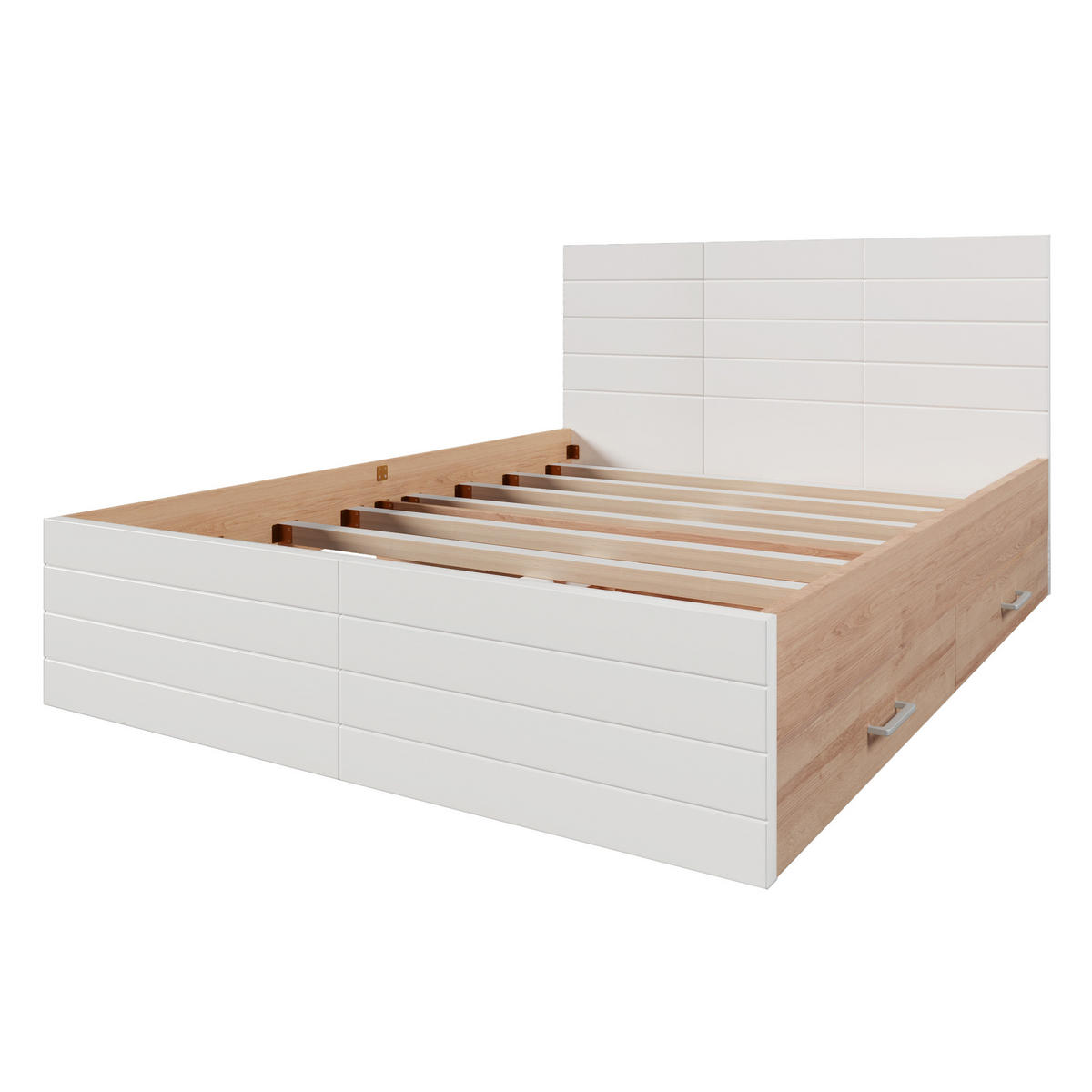 DOPPELBETT 140/200 cm Weiß und Eiche mit 2 Schubladen und Matratze aus Massivholz - Weiß, Holzwerkstoff (140/200cm) - OKWISH