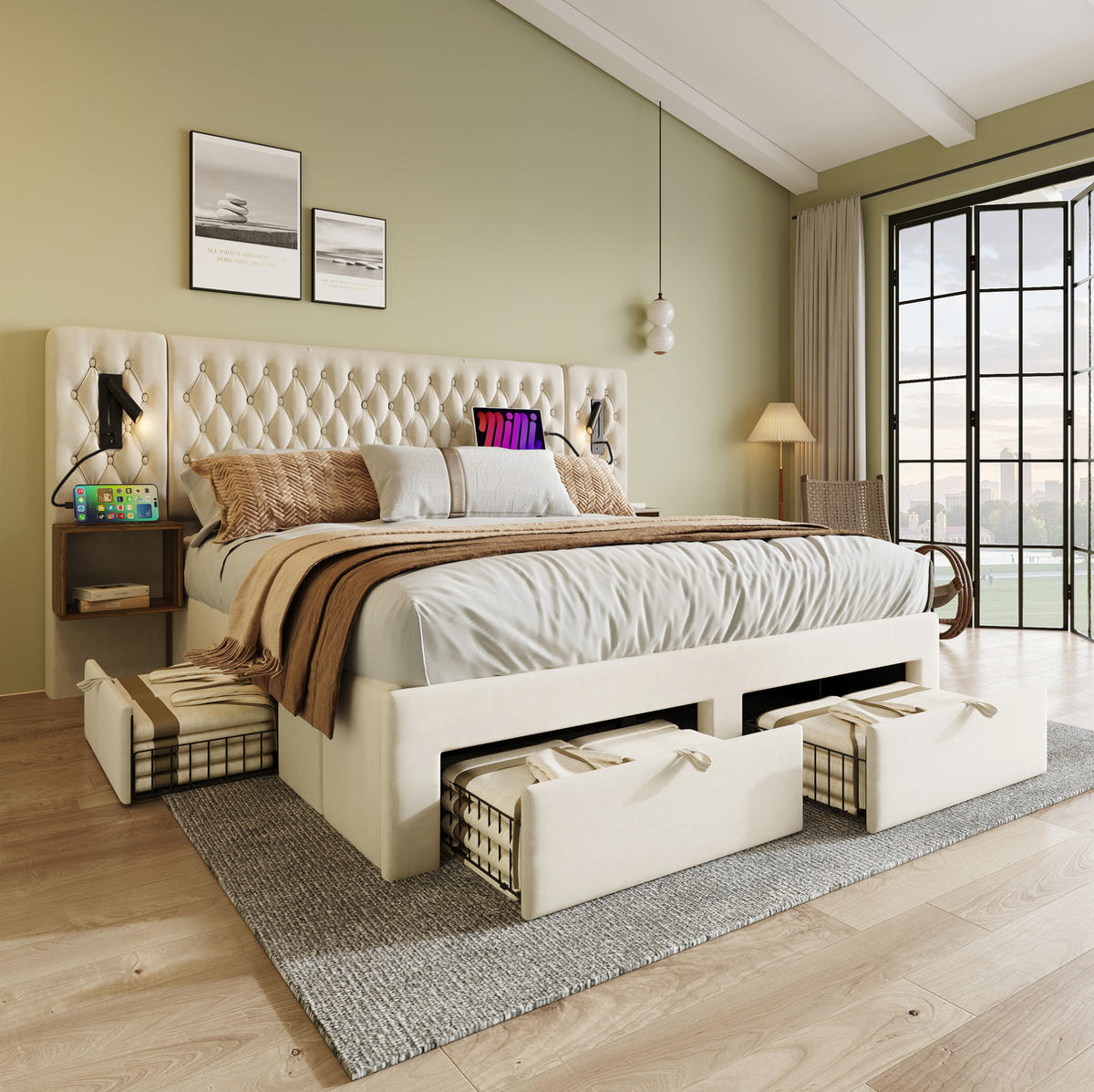 BETTANLAGE mit 2 Nachttischen und 4 Schubladen 160x200 cm Samt Beige - Beige, Metall (160/200cm) - Meubliv