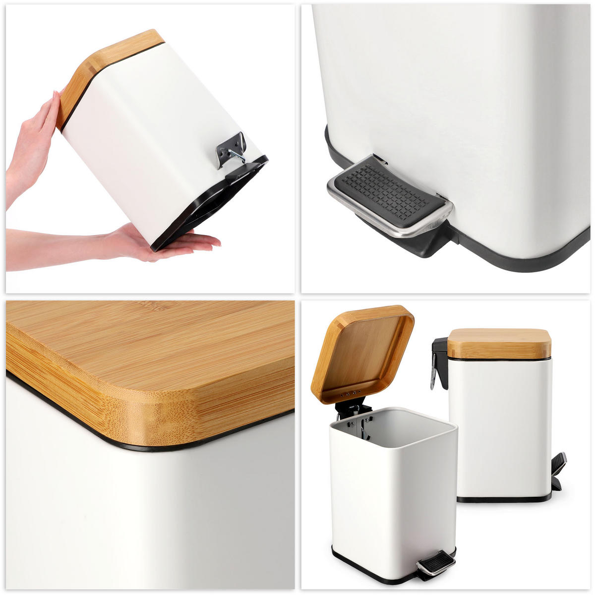 PAPIERKORB mit Bambusdeckel 3L, weiß - Weiß, Metall (16/21cm) - KADAX