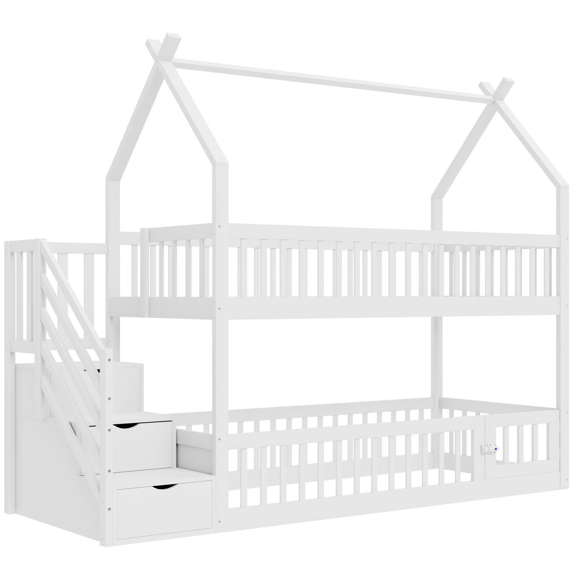 ETAGENBETT aus Massivholz 90x200 cm in Weiß mit Treppe & Schubladen - Weiß, Holz (90/200cm) - Modfu