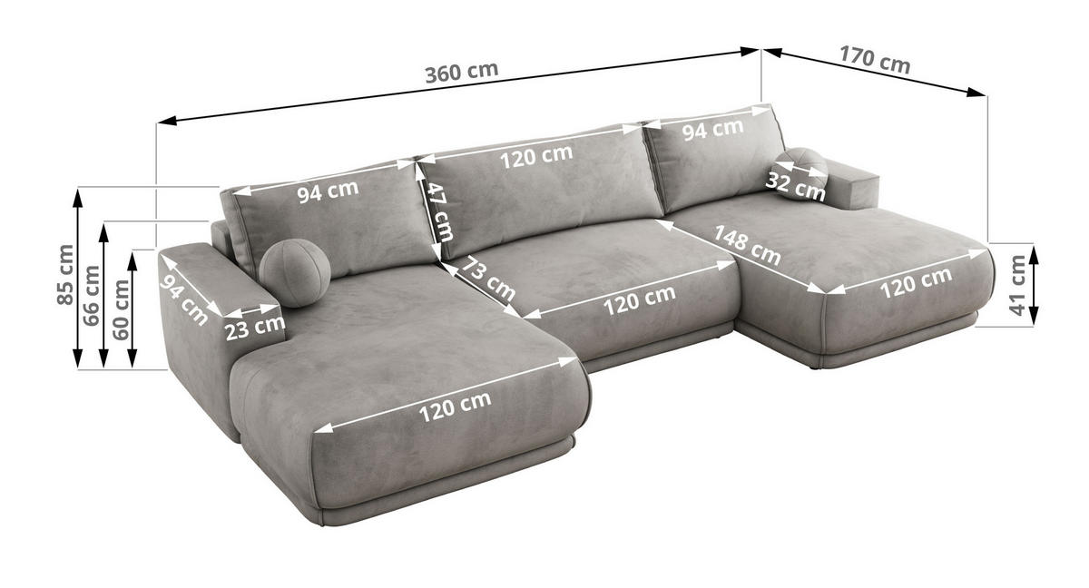 SEDACIA SÚPRAVA RINA U Svetlosivá Zamat - čierna/svetlosivá, textil/plast (360/85/170cm) - MKS