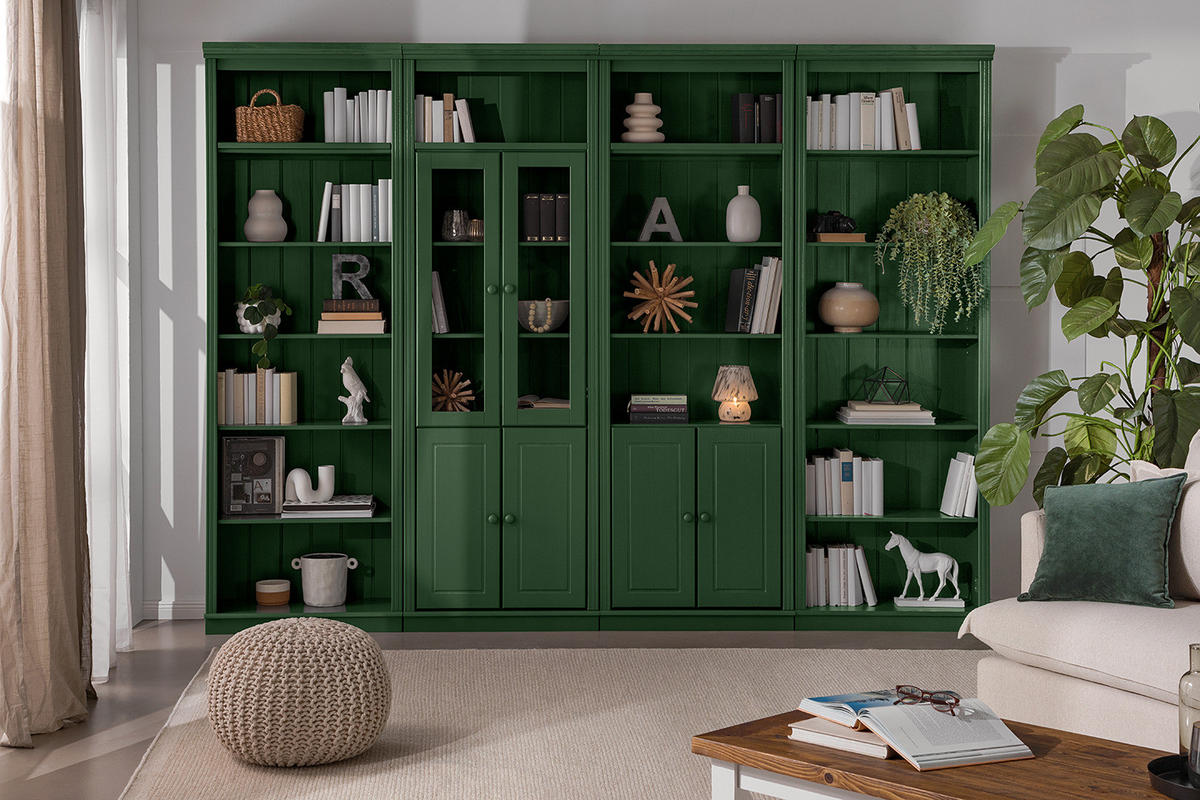 MASSIVE BÜCHERWAND - Massivholz - Kiefer - Waldgrün/Kieferfarben, Holz (296/223/37cm) - home24