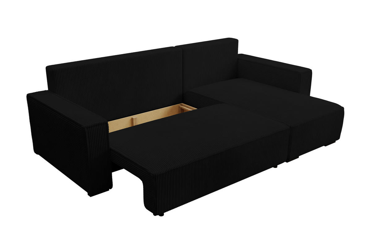 ECKSOFA CUDDY L, Eckcouch in L-Form mit Schlaffunktion und Bettkasten, Farbe: Schwarz, Cordstoff, Ottomane Rechts - Schwarz, Textil (240/140cm) - Storez24