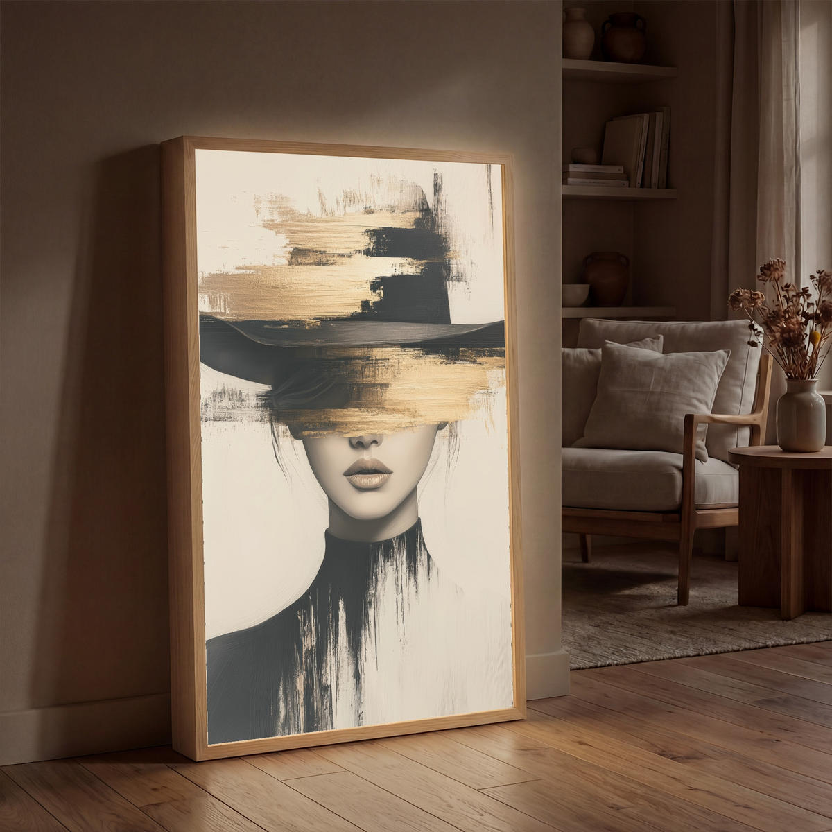 NÁSTĚNNÁ LAMPA S AKUMULÁTOREM Žena - klobouk - barva 70x100 cm - krémová, kompozitní dřevo (70/100/8cm) - OnlyWow