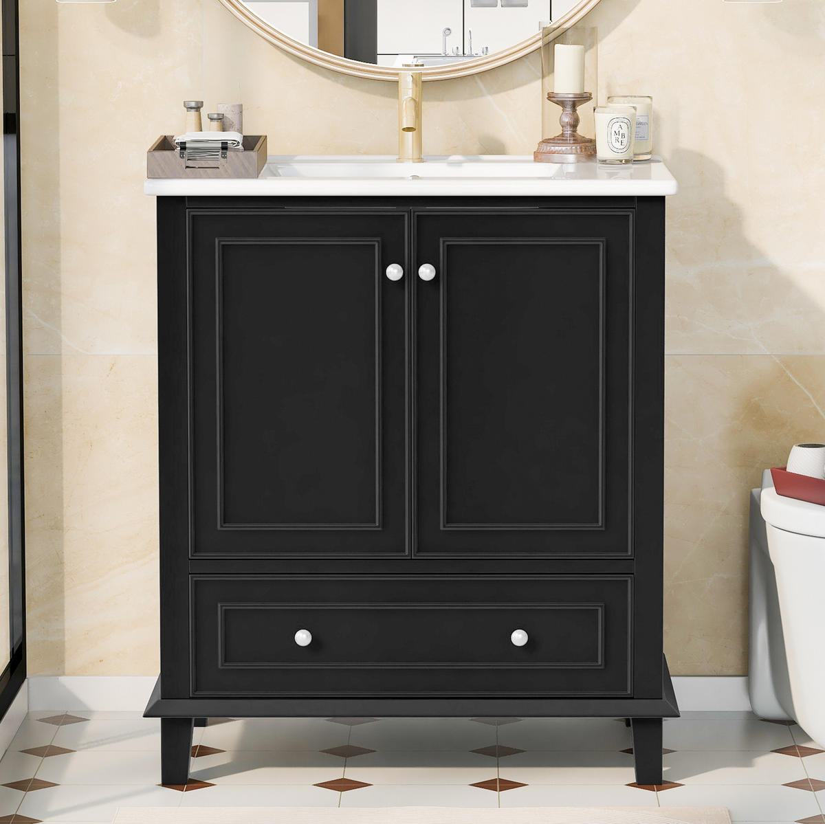 WASCHTISCHKOMBI 73/45/87 cm Schwarz aus MDF und Keramik mit Stauraum - Schwarz, Holzwerkstoff (73/87/45cm) - OKMYHOME