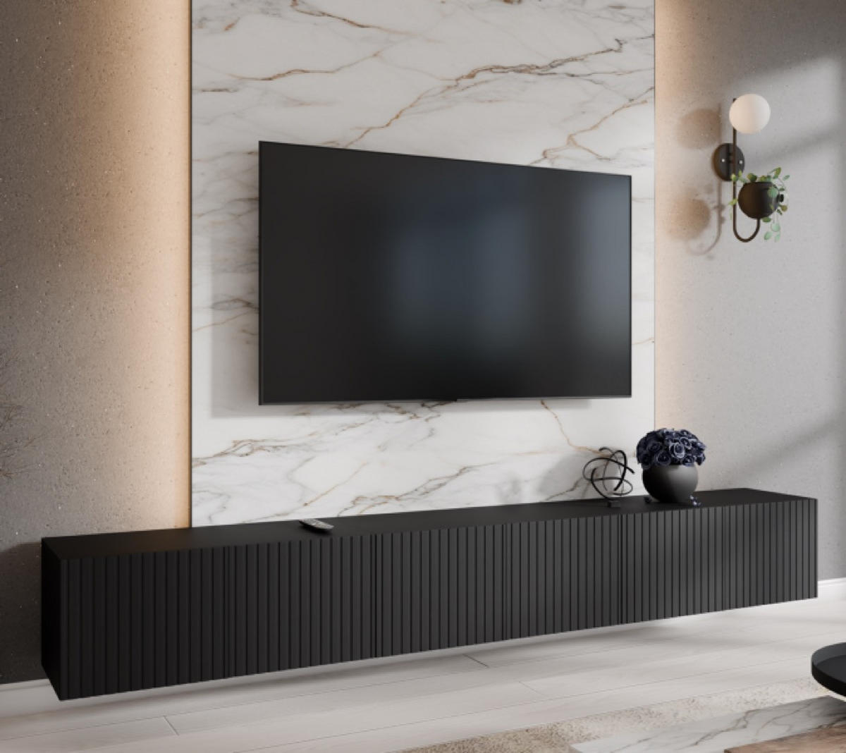 TV-LOWBOARD Schwarz RIO Geschlossen Gerillt 300 cm - Schwarz, Holzwerkstoff (300/41/40cm) - Sepro Meble