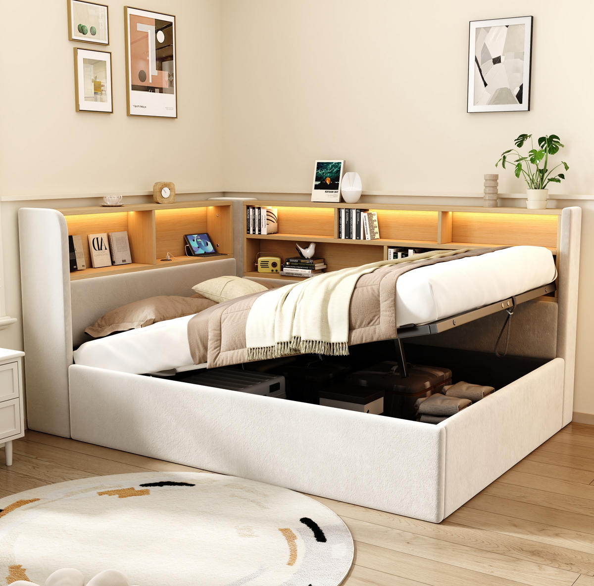 TAGESBETT 90/200 cm mit hydraulischem Stauraum, LED-Beleuchtung, USB- und Type-C-Anschluss, Samt, Beige - Beige, Textil (90/200cm) - Redom