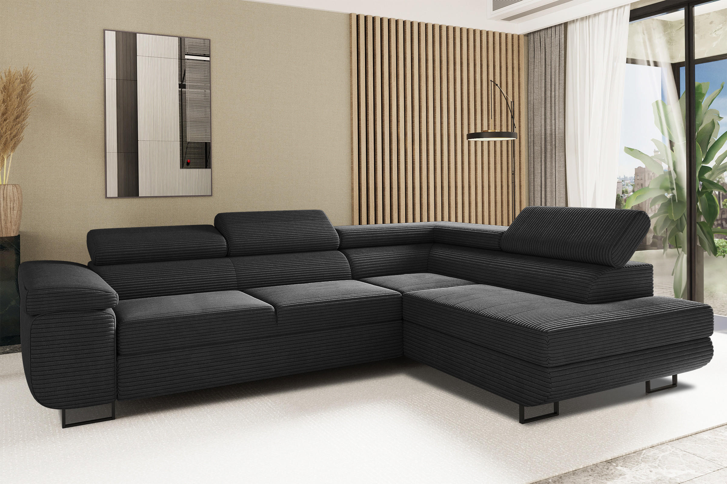 ECKSOFA ATOMIC Mit Schlaffunktion, Stoff Poso, Schwarz, Rechts - Schwarz, Holz (277/203cm) - Kaiser Möbel