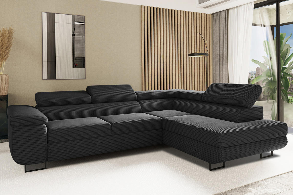 ECKSOFA ATOMIC Mit Schlaffunktion, Stoff Poso, Schwarz, Rechts - Schwarz, Holz (277/203cm) - Kaiser Möbel