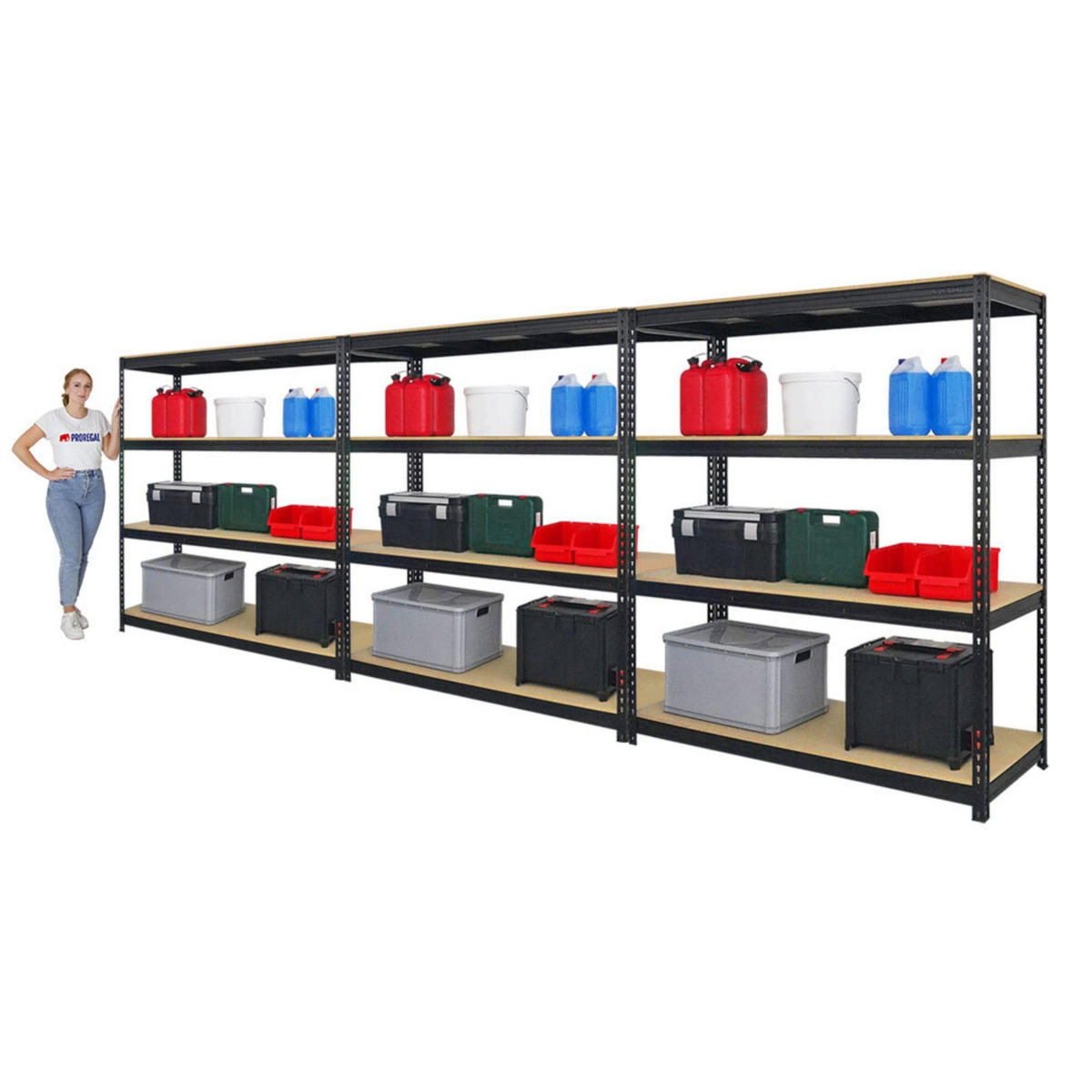 SCHWERLASTREGAL Bison 3er-Set mit 3x 200x180x60 cm 4 Fachböden Fachlast 600 kg Schwarz - Schwarz, Metall (540/200/60cm) - PROREGAL