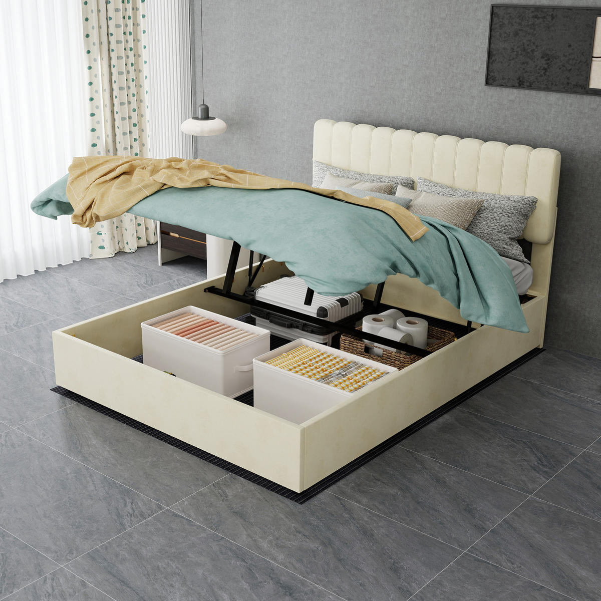 POLSTERBETT 140/200 cm in Beige Samt mit Kopfteil - Modern entspannen - Beige, Holzwerkstoff/Textil (140/200cm) - STILVORA