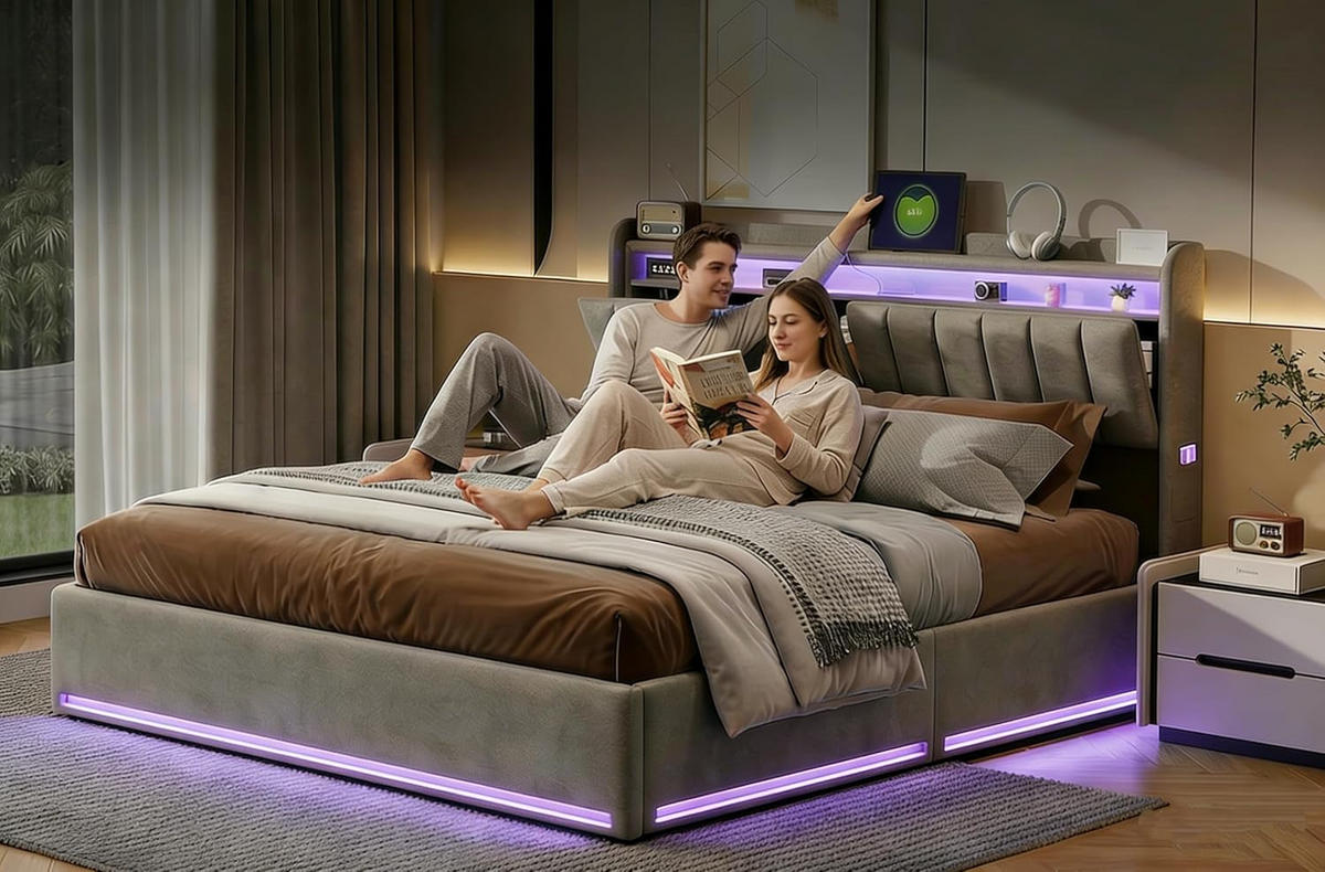 POLSTERBETT 140x200 cm Grau Leinen mit Stauraum, LED-Beleuchtung und USB-Ladefunktion - Naturfarben/Grau, Holz/Metall (140/200cm) - PARAFTA HOME