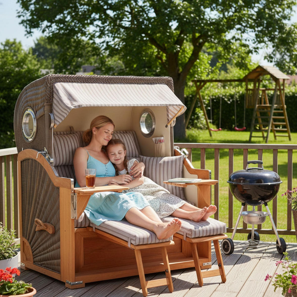 STRANDKORB Baltikum Teak 2,5 Sitzer - Braun/Grau, Holz/Metall (142/170/95cm) - Mr. Deko