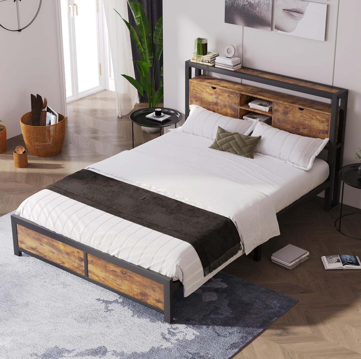 METALLBETT 140/200 cm in Naturfarben mit Stauraum-Kopfteil und Metall-Lattenrost - Naturfarben, Metall (140/200cm) - Flora Grace