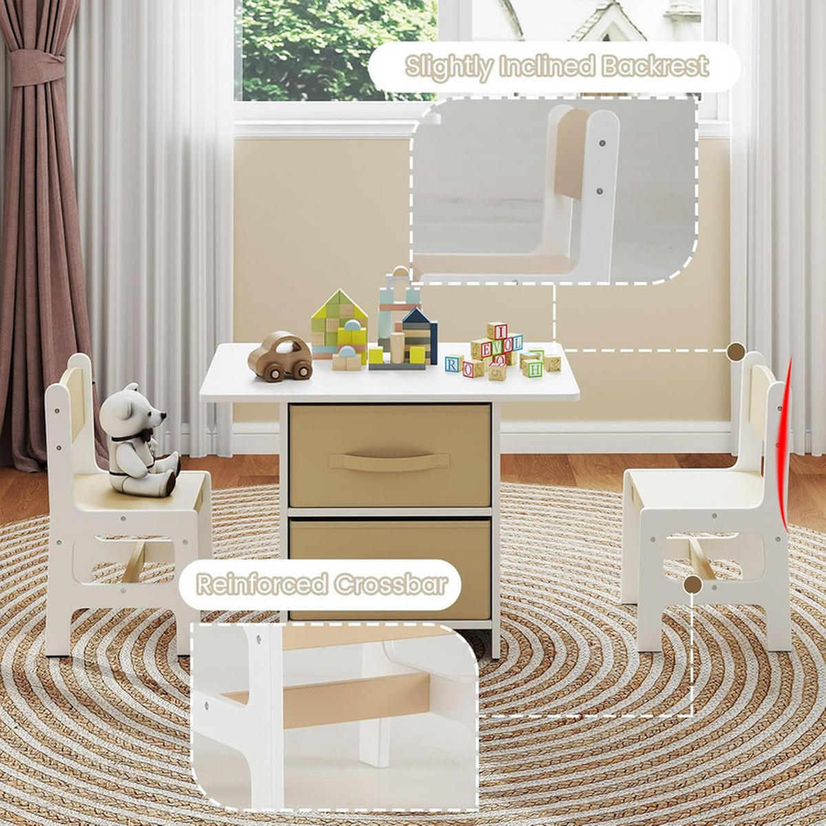 KINDERTISCHE mit Stühlen beige(3-tlg) - Beige, Holzwerkstoff (71/50/48cm) - COSTWAY