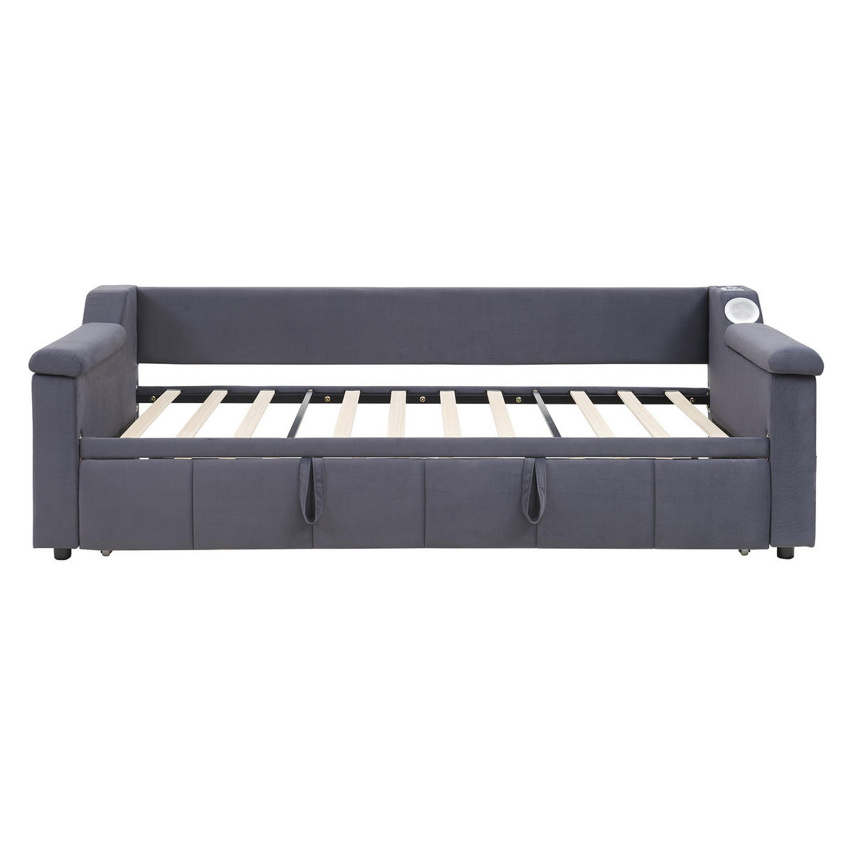 SCHLAFSOFA aus Samtstoff 90/180x190 cm Grau mit Bluetooth-Stereo, USB-Anschluss, Ablagefächern und Lattenrost - Grau, Textil (216/69/97cm) - Modfu