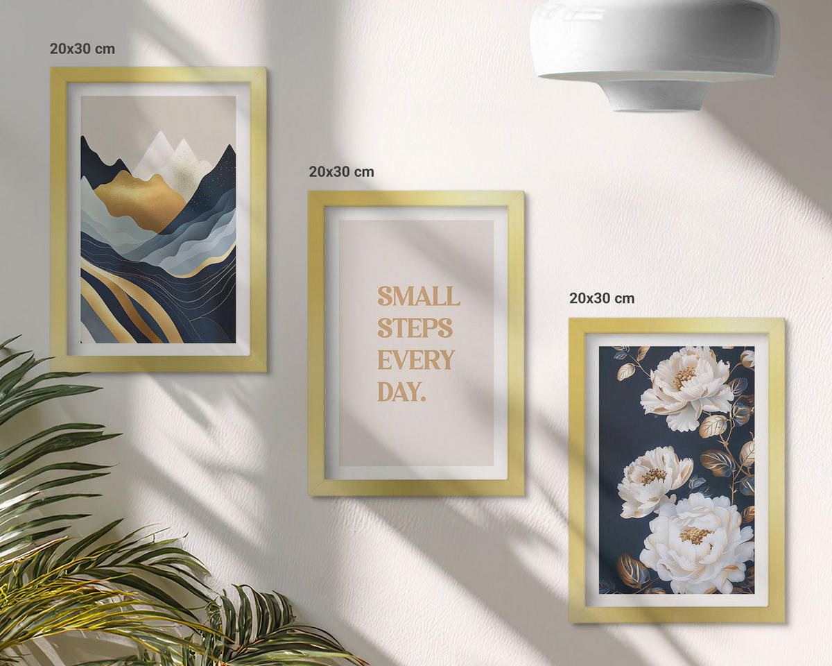 WANDBILDER 3er Set - 20x30 cm Goldrahmen - Abstrakte Berge und Blumen Inspiration - Goldfarben, Kunststoff (20/30cm) - ArtPrintCave