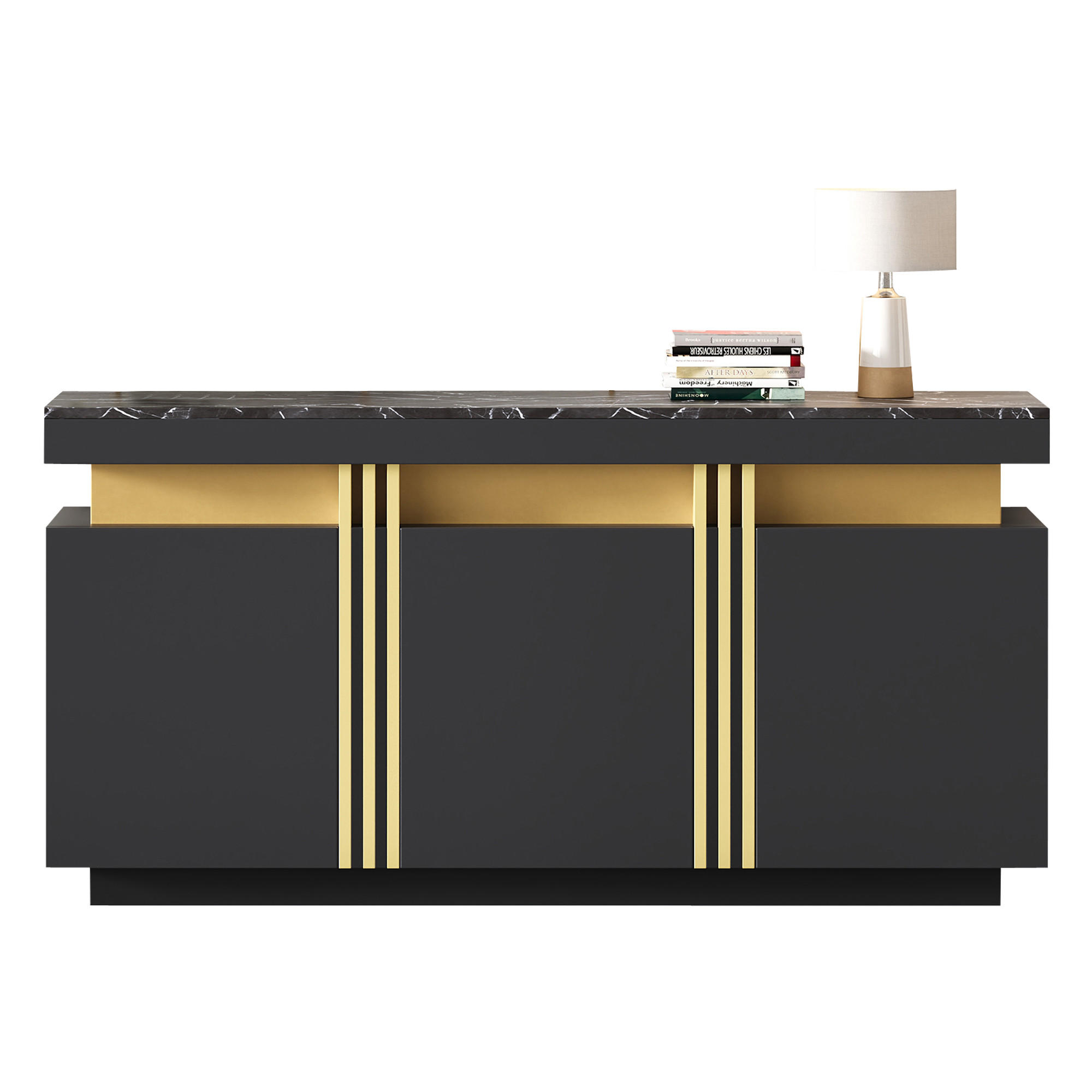 SIDEBOARD 140/38/70 cm in Schwarz mit 3 Türen und Marmoroptik - Schwarz, Holzwerkstoff (140/70/38cm) - BEAOK