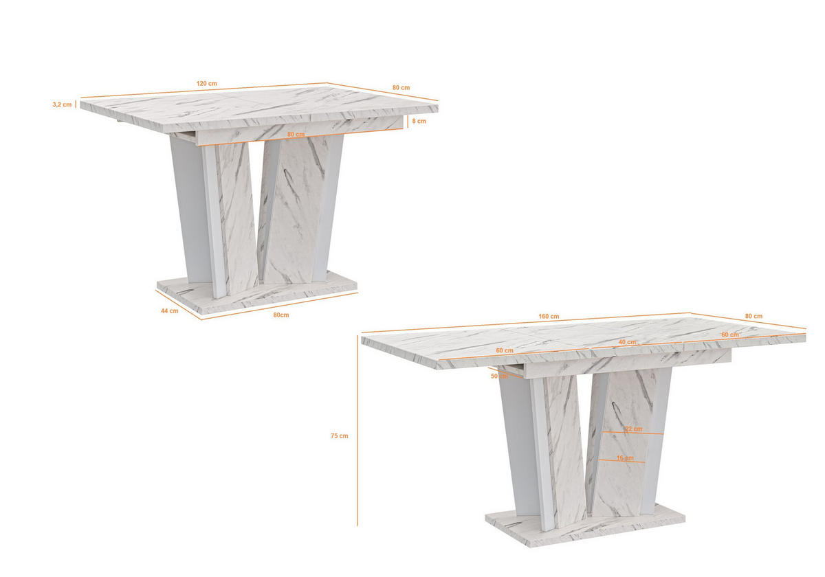 ESSTISCH Ausziehbar 120-160 cm Weiß Marmor-Optik - Weiß, Holzwerkstoff (160/80/75cm) - Home Collective