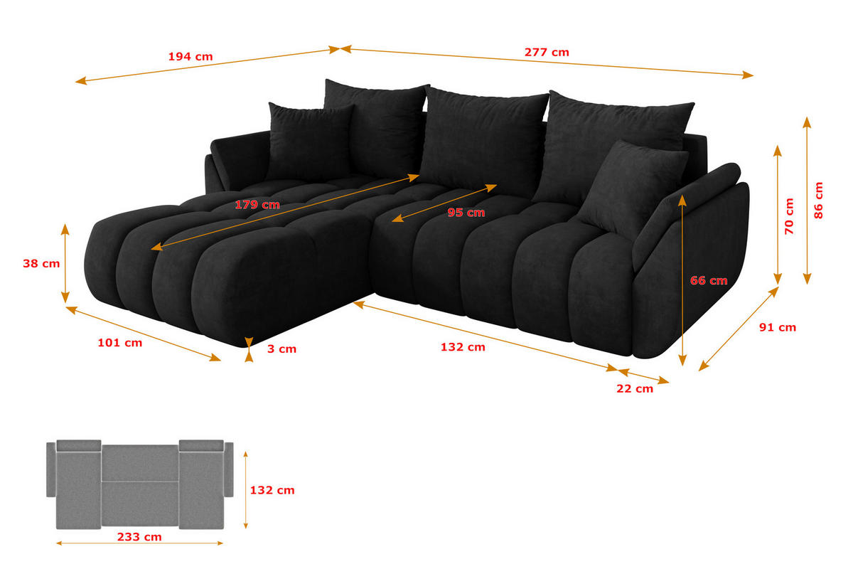 ROHOVÁ SEDAČKA s funkcí spaní, otoman vlevo TOKO-L-v1 277x194x86 černá velur - černá, kompozitní dřevo/textil (277/194cm) - ALTDECOR